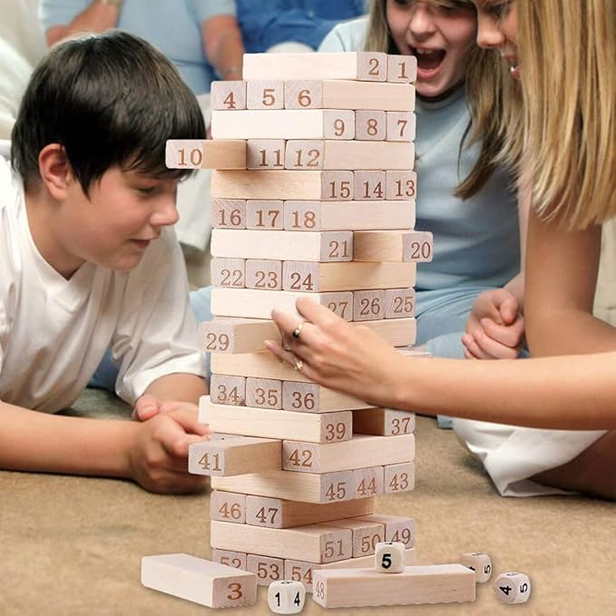 Wooden Blocks Tumbling Tower 51 Pieces Set and 4 Psc Dice