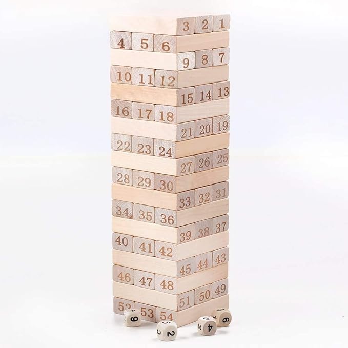 Wooden Blocks Tumbling Tower 51 Pieces Set and 4 Psc Dice