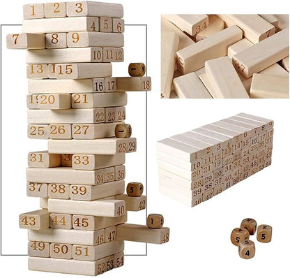 Wooden Blocks Tumbling Tower 51 Pieces Set and 4 Psc Dice