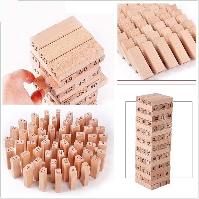 Wooden Blocks Tumbling Tower 51 Pieces Set and 4 Psc Dice